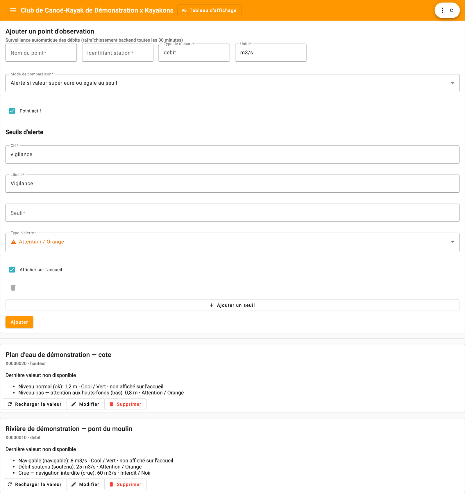 Écran d'administration des points de mesure