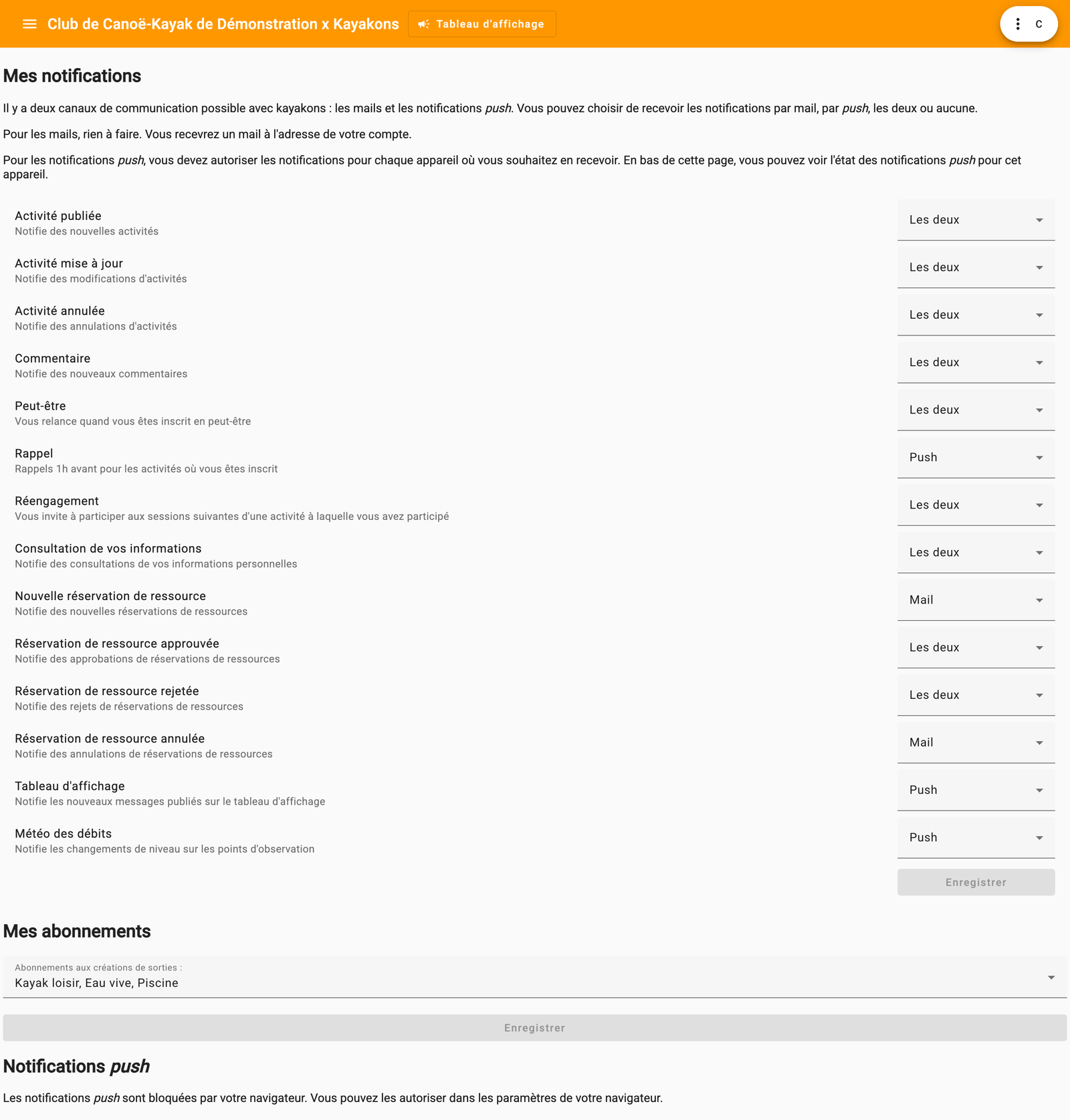 Écran de réglage des notifications